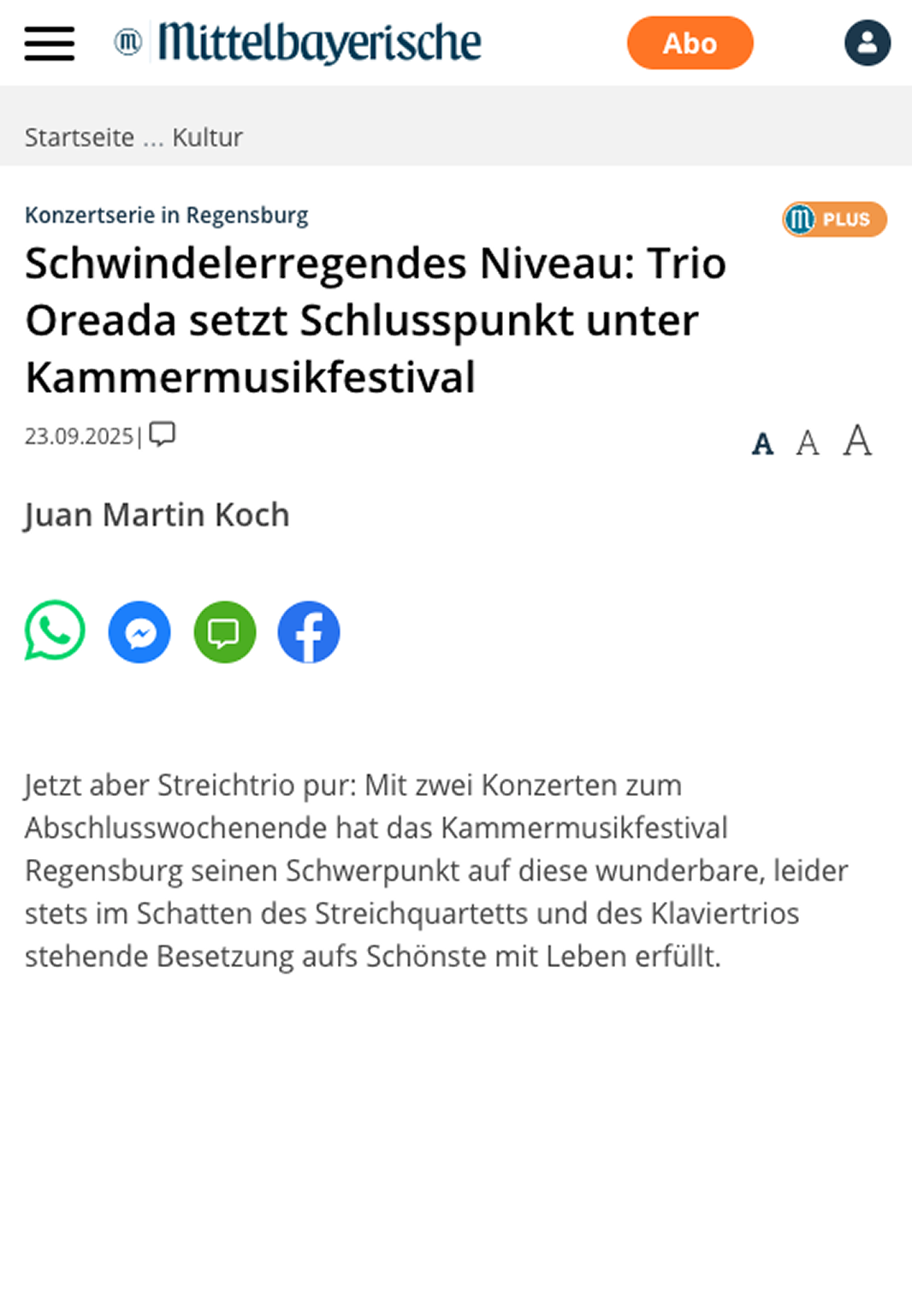 Schwindelerregendes Niveau: Trio Oreada setzt Schlusspunkt unter Kammermusikfestival - Mittelbayerische Zeitung